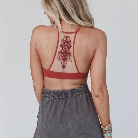 Rust Boho Sheer Lace Tattoo Floral Bralette - Picture 3 of 6